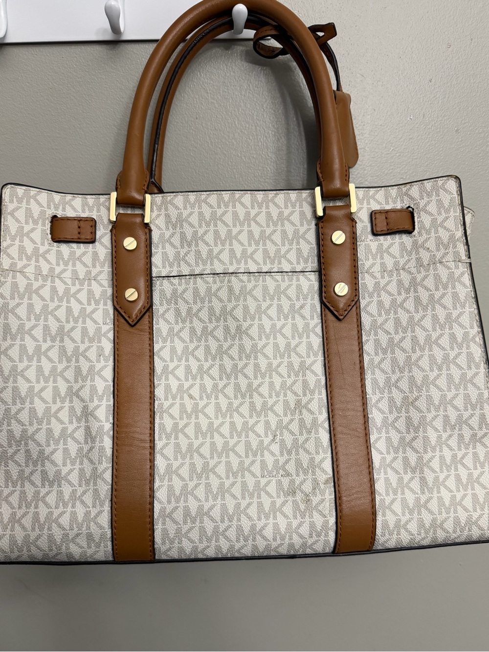 Michael Kors Hamilton Large Vanilla MK Signature Tote Brown Gold Lock